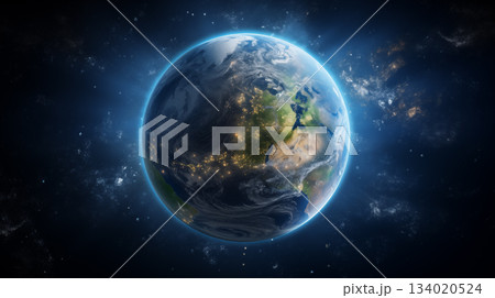 Planet Earth with detailed relief and atmosphere. Blue space background with earth and galaxy. 134020524