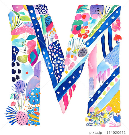 Colorful watercolor illustration of the letter M, adorned with vibrant floral and abstract patterns, showcasing artistic creativity and playful design elements for decorative purposes 134020651
