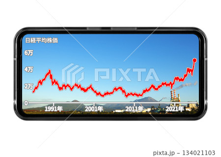 大山と工場の風景写真を壁紙にしたスマホ画面による長期的株価推移の表示イメージ：切り抜き透過バック素材 134021103