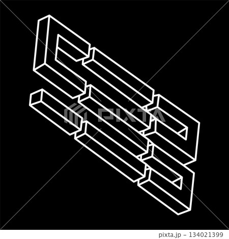 Optical illusion, impossible figure, white lines on a black background, optical art object. Geometric shape. Optical illusion, impossible figure, white lines on a black background, optical art object. Geometric shape. 134021399