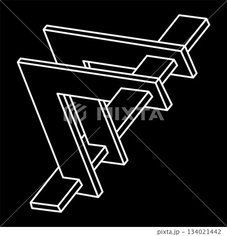 Impossible shape. Sacred geometry. Optical illusion figures. Abstract eternal geometric objects. Impossible endless outline. Line art. Optical art. Impossible geometry shape on a black background. 134021442