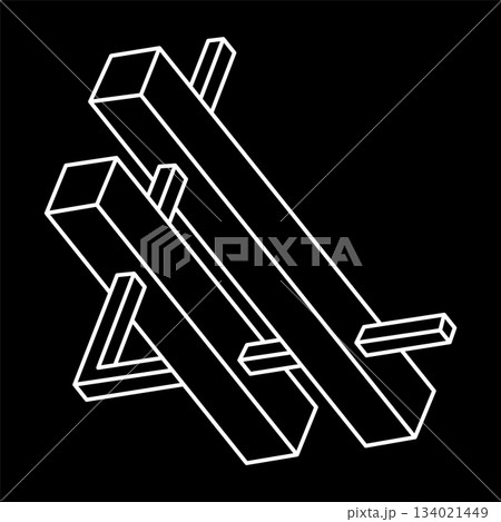 Impossible shape. Sacred geometry figure. Optical illusion. Abstract eternal geometric object. Impossible endless outline shapes. Op art. Impossible geometry shape on a black background. Line art. Impossible shape. Sacred geometry figure. Optical illusion. Abstract eternal geometric object. Impossible endless outline shapes. Op art. Impossible geometry shape on a black background. Line art. 134021449