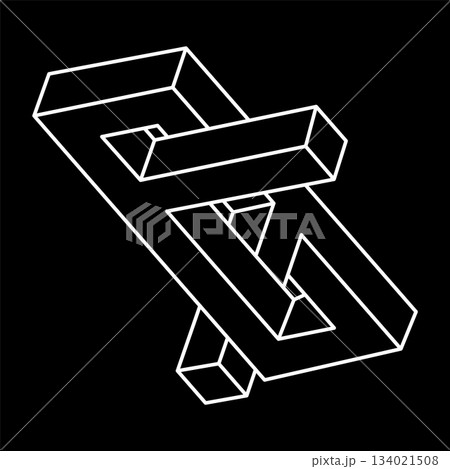 Impossible shapes. Sacred geometry. Optical illusion. Abstract eternal geometric objects. Impossible endless outline. Op art. Impossible geometry symbol on a black background. Line art. Escher style. 134021508