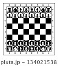 chessboard with chess pieces in separated layers, black and white vector illustration isolated on white 134021538