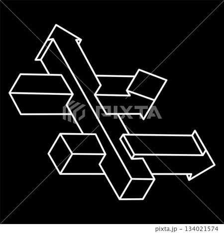 Impossible shapes. Sacred geometry. Optical illusion. Abstract eternal geometric object. Impossible endless outline arrows. Optical art. Impossible geometry symbol on a black background. Line art. 134021574