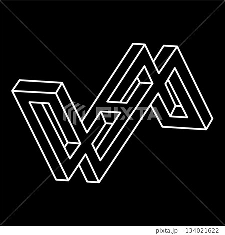 Impossible shape. Sacred geometry figure. Optical illusion. Abstract eternal geometric objects. Impossible endless outline. Line art. Optical art. Impossible geometry shape on a black background. 134021622