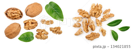 Walnuts with leaf isolated on white background. Top view. Flat lay 134021855
