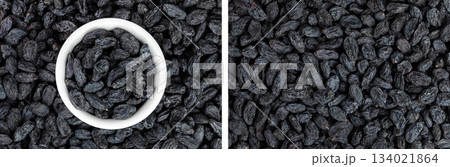 black raisins as a background. Top view. Flat lay black raisins as a background. Top view. Flat lay 134021864