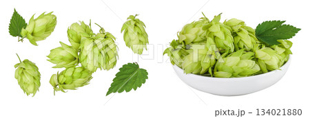 Hop cones in ceramic bowl isolated on white background. Beer brewing ingredients. Top view. Flat lay Hop cones in ceramic bowl isolated on white background. Beer brewing ingredients. Top view. Flat lay 134021880
