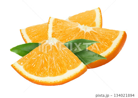 Orange fruit slices isolated on white background with full depth of field Orange fruit slices isolated on white background with full depth of field 134021894