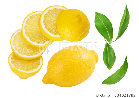 Ripe lemon slices isolated on white background with full depth of field. Top view. Flat lay 134021895