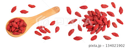 Dried goji berries in wooden spoon isolated on white background. Top view. Flat lay. Dried goji berries in wooden spoon isolated on white background. Top view. Flat lay. 134021902