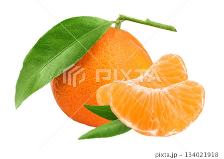 Tangerine or clementine with green leaf isolated on white background with full depth of field. Tangerine or clementine with green leaf isolated on white background with full depth of field. 134021918