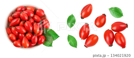 Rose hip in ceramic bowl isolated on a white background with full depth of field. Top view. Flat lay. 134021920