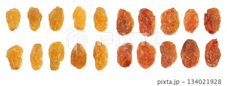 Yellow raisin isolated on white background . Top view. Flat lay 134021928
