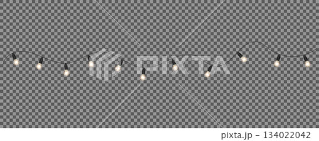 Realistic glowing string lights garland on transparent background. Festive hanging bulbs for decoration 134022042