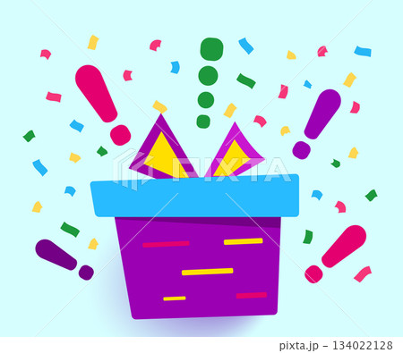 Super prizes win on violet gift box, loyalty program reward. Holiday gift box. Wonder gift with exclamation mark and confetti. Vector icon in modern flat style Super prizes win on violet gift box, loyalty program reward. Holiday gift box. Wonder gift with exclamation mark and confetti. Vector icon in modern flat style 134022128
