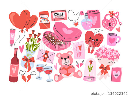 Valentine day gifts hand drawn style set with cute romantic elements and accessories for engagement Valentine day gifts hand drawn style set with cute romantic elements and accessories for engagement 134022542