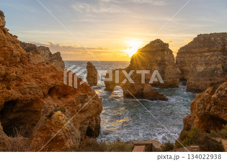 Ponta da Piedade Arches, Rock Formations and Atlantic Ocean at Sunrise. Algarve, Portugal 134022938