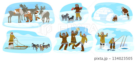 Rich Eskimos life, culture and traditions of North Pole region isolated cartoon people scene set 134023505