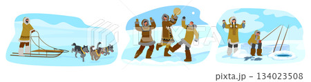Happy Eskimos people characters traditional culture and lifestyle routine cartoon scene set Happy Eskimos people characters traditional culture and lifestyle routine cartoon scene set 134023508