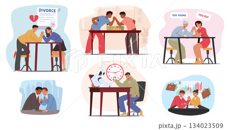 Business conflict and confrontation of ages, AI and human, husband and wife arm-wrestling set 134023509