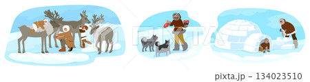 Eskimos family daily activities cartoon scenes set with happy people survival routine at North Pole 134023510