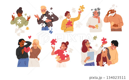Diverse people cartoon characters missing pieces metaphor puzzles of mind and memory isolated set 134023511