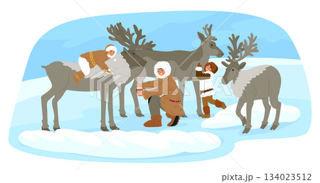 Happy Eskimos family cartoon scene parent milking deer and cute overjoyed kids playing having fun 134023512
