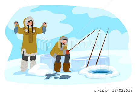 Eskimos couple engaged in fishing activities enjoying daily chores and routines for acquiring food 134023515
