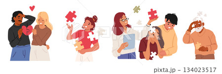 Diverse people characters searching and finding missing pieces of their identity or memory parts Diverse people characters searching and finding missing pieces of their identity or memory parts 134023517