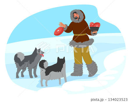 Happy man Eskimos feeding dogs with meat caring for pets enjoying traditional Arctic daily life Happy man Eskimos feeding dogs with meat caring for pets enjoying traditional Arctic daily life 134023523