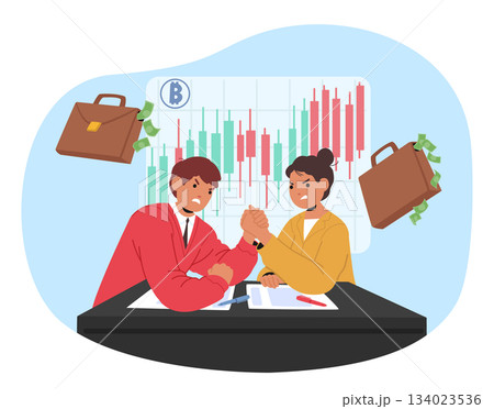 Stock market traders engaged in intense arm-wrestling to fight for investment opportunities scene Stock market traders engaged in intense arm-wrestling to fight for investment opportunities scene 134023536