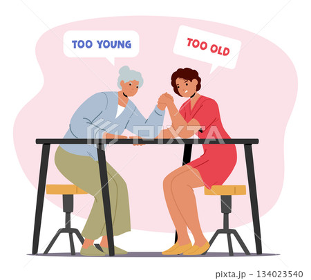 Elderly and young women intense arm-wrestling match symbolizing intergenerational conflict 134023540
