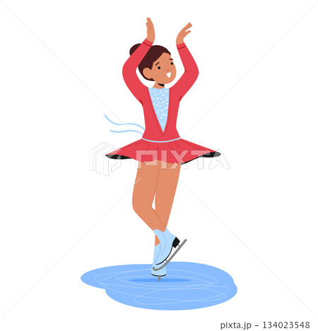 Elegant graceful girl child figure skater cartoon character in concert dress spinning around on rink Elegant graceful girl child figure skater cartoon character in concert dress spinning around on rink 134023548