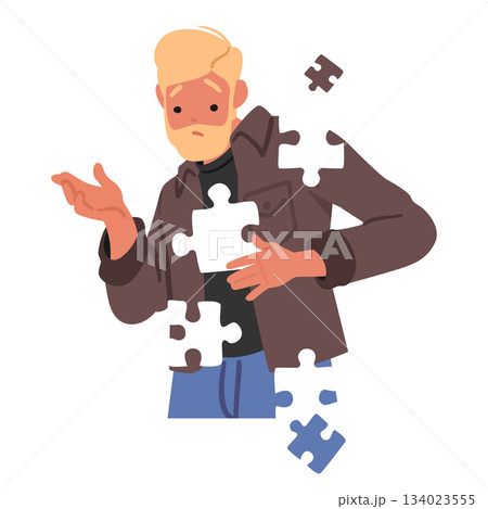 Young man cartoon character lost himself feeling confused by missing metaphor jigsaw puzzle pieces Young man cartoon character lost himself feeling confused by missing metaphor jigsaw puzzle pieces 134023555