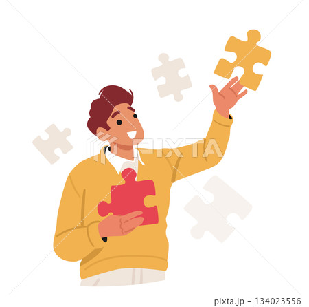 Teenage boy cartoon character gathering jigsaw puzzle pieces showcasing mental health recovery 134023556