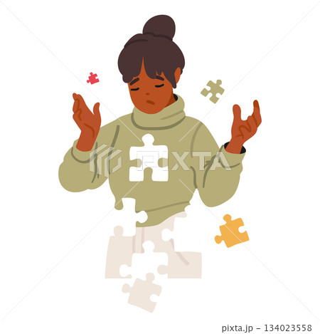 Young unhappy woman cartoon character missing metaphor jigsaw puzzle pieces of soul and body 134023558