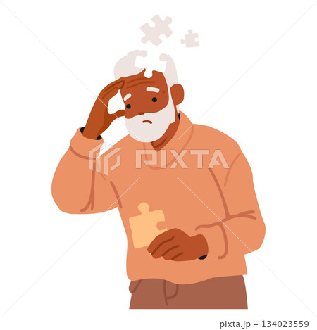 Confused senior man cartoon character missing mind jigsaw pieces suffering from memory loss 134023559