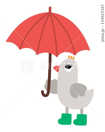 Vector grey bird standing under red umbrella icon. Spring or autumn animal with rain or rainy weather concept. Cute Easter village character illustration for kids isolated on white background Vector grey bird standing under red umbrella icon. Spring or autumn animal with rain or rainy weather concept. Cute Easter village character illustration for kids isolated on white background 134023587