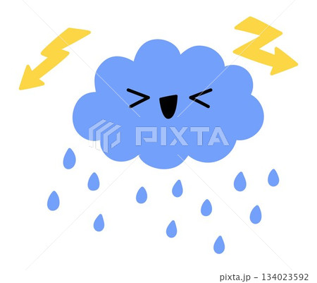 Cute smiling kawaii blue cloud with rain drops lightning icon. Vector childish illustration. Yellow storm concept picture isolated on white background. Spring or summer symbol clipart Cute smiling kawaii blue cloud with rain drops lightning icon. Vector childish illustration. Yellow storm concept picture isolated on white background. Spring or summer symbol clipart 134023592