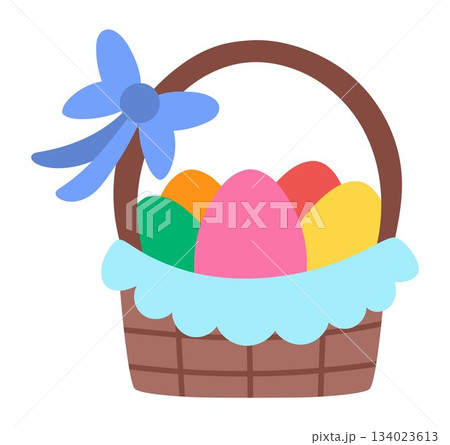 Vector basket with colored eggs and blue bow icon. Easter traditional symbol and design element isolated on white background. Cute spring illustration for kids 134023613