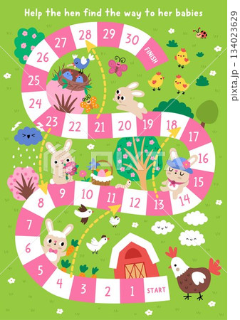 Easter village board game for children with nature scene and hen going to her chicks. Funny boardgame with bunny, birds in nest, colored eggs, barn, trees. Spring holiday printable activity, Easter village board game for children with nature scene and hen going to her chicks. Funny boardgame with bunny, birds in nest, colored eggs, barn, trees. Spring holiday printable activity, 134023629
