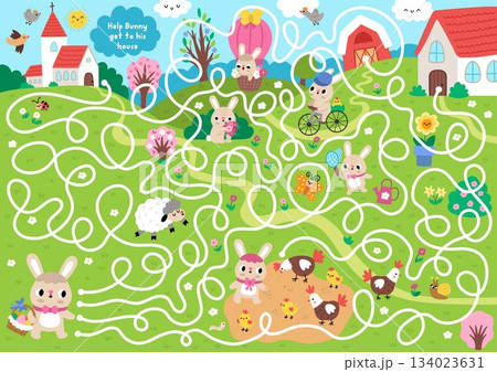 Easter village maze for children with rural country scene and bunny going to house with egg basket. Detailed labyrinth game with animals, church. Spring holiday printable activity, worksheet 134023631