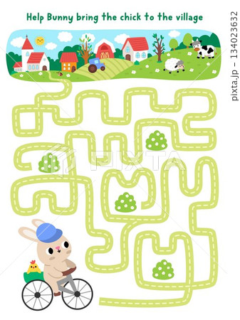 Easter village maze for children with bunny on bicycle going to church with chick. Funny labyrinth game with cute hare on bike. Spring holiday printable activity, worksheet with rural country scene 134023632