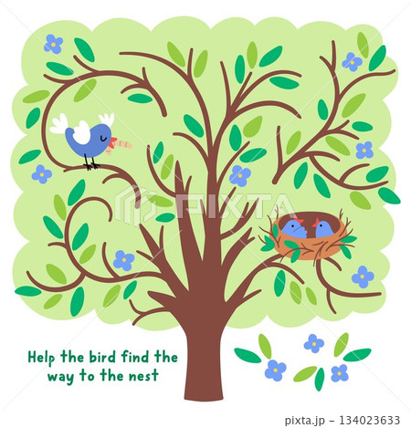 Easter village maze for children with blooming tree and blue bird searching way to her chicks in the nest. Cute labyrinth game with twigs, leaves, nestlings. Spring holiday printable activity, 134023633