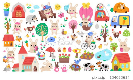 Vector Easter clipart set. Cute farm icons collection with bunny, chicks, church, colored eggs, basket, flowers, house, nest, nature element. Festive illustrations for kids. Spring holiday design pack 134023634
