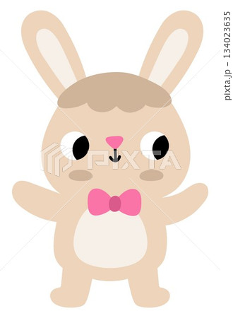 Vector Easter bunny icon. Rabbit with pink bow tie picture. Cute spring or farm animal illustration for kids. Funny hare clipart isolated on white background Vector Easter bunny icon. Rabbit with pink bow tie picture. Cute spring or farm animal illustration for kids. Funny hare clipart isolated on white background 134023635