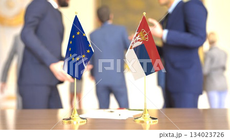 European Union - Serbia accession talks scene, 3D rendering European Union - Serbia accession talks scene, 3D rendering 134023726