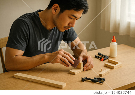 DIY作業に集中する日本人男性の上半身 DIY作業に集中する日本人男性の上半身 134023744